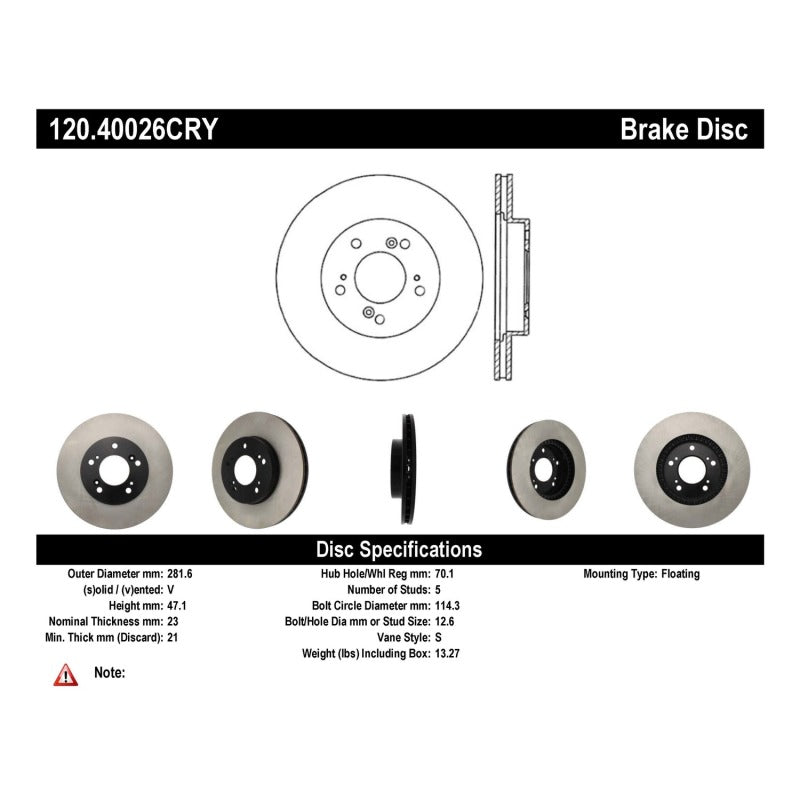 Centric 97-01 Acura Integra / 91-95 Legend / 97-01 Honda CR-V Front Cryo Performance Rotor