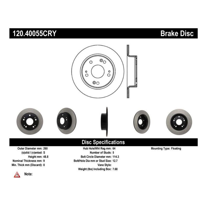 Centric 04-08 Acura TSX Premium Rear CryoStop Brake Rotor